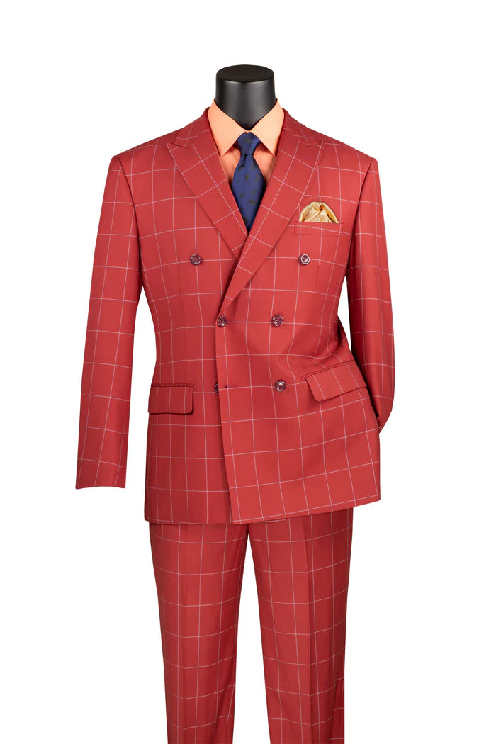 Napoli Collection - Baked Apple Modern Fit Double Breasted Windowpane Peak Lapel 2 Piece Suit