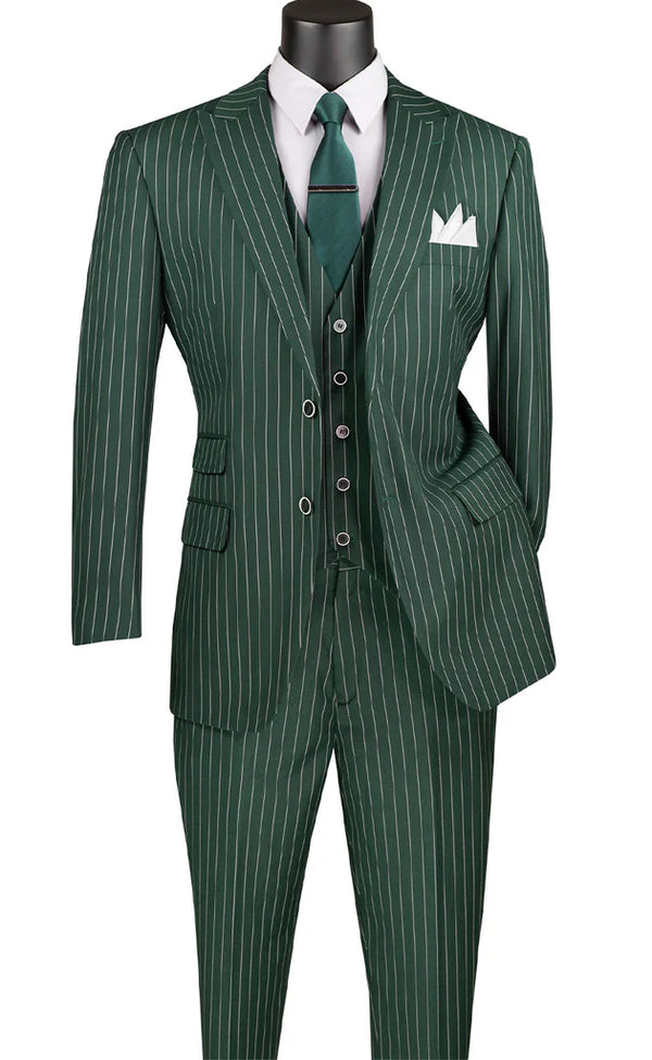 Hunter Green Regular Fit 3 Piece Suit 2 Button Gangster Stripe