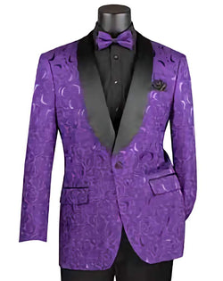 Purple Regular Fit Floral Pattern Jacket Shawl Lapel with bow tie