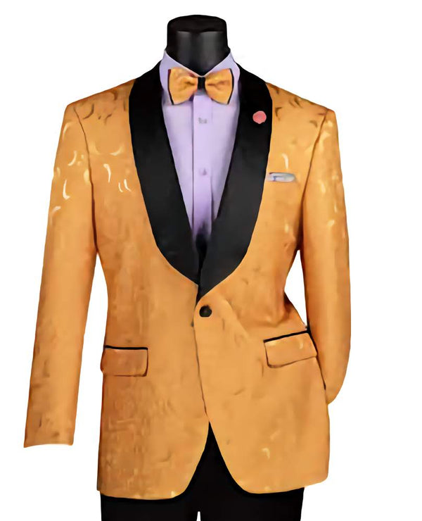 Gold Regular Fit Floral Pattern Jacket Shawl Lapel with bow tie